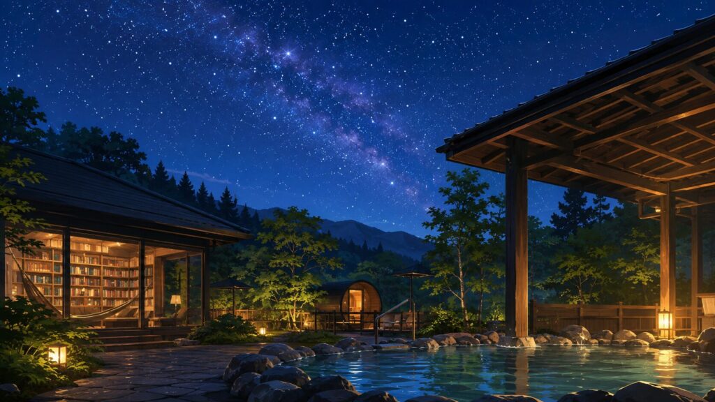 おふろcafeブランドとしても知られる芦別温泉スターライトホテル&おふろcafe星遊館 満天の星空×サウナリゾートは、リラックスしたい家族にぴったりです。
館内には「森の図書館」があり、約10,000冊の書籍やコミックをハンモックに揺られながら自由に読めます。
貴重な2種類の源泉を楽しめるだけでなく、夜には専門ガイドによる本格的なスターウォッチングも開催されます。
星空を楽しめる宿として最高評価の三ツ星を獲得しているため、自然の中での学びを大切にしたい方にも選ばれています。