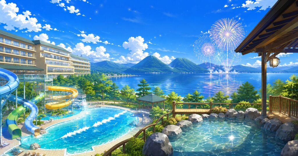 全室レイクビューが自慢の洞爺サンパレス リゾート&スパは、水遊びのクオリティが非常に高いホテルです。
広大な造波プールやスライダーがあるウォーターランドは、子供だけでなく大人も本気で楽しめる広さがあります。
夜には洞爺湖名物の花火大会をお部屋や露天風呂から眺めることができ、感動的なひとときを過ごせます。
充実した温浴施設と遊び場が揃っているため親子三世代での旅行にも最適な環境と言えるでしょう。