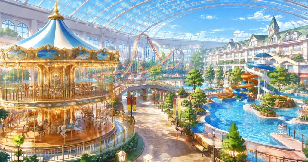 北海道屈指の規模を誇るルスツリゾートホテル&コンベンションは、アクティビティの宝庫です。
屋内にある「なりたいナ!キッズタウン」では、ケーキ屋さんなどの職業体験が楽しめるふわふわ遊具が人気を集めています。
また、2階建ての巨大な室内メリーゴーランドは、宿泊者なら誰でも無料で何度でも乗れるという贅沢なサービスもあります。
遊園地やプールも併設されているため移動の負担が少なく、滞在のすべてが敷地内で完結するのが魅力ですね。